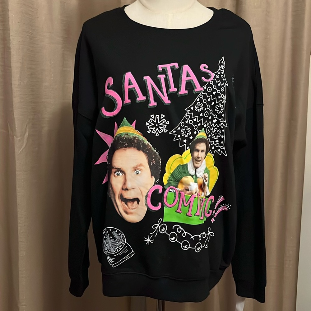 Buddy the Elf Santa’s Coming Womens Large Black Crewneck Pullover Sweatshirt